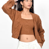 Mocha Charm Cardigan With Crop Top set